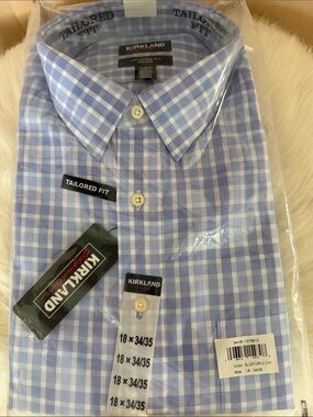 Kirkland Signature Light Blue & White Checked Tailored Fit Dress Shirt